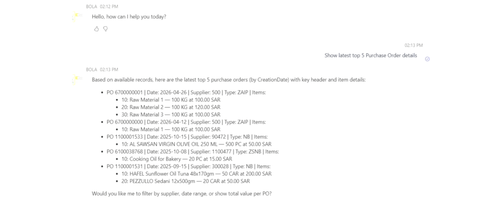 AI assistant for SAP dashboard showing real-time query results